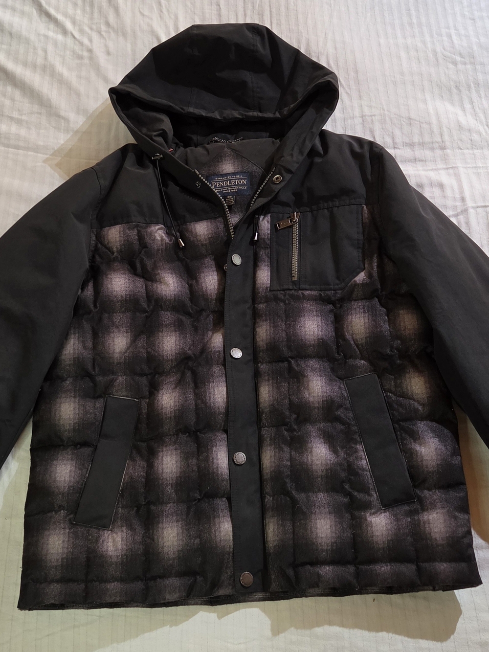 Pendleton Men's Black & Gray Plaid Hooded Puffer Jacket